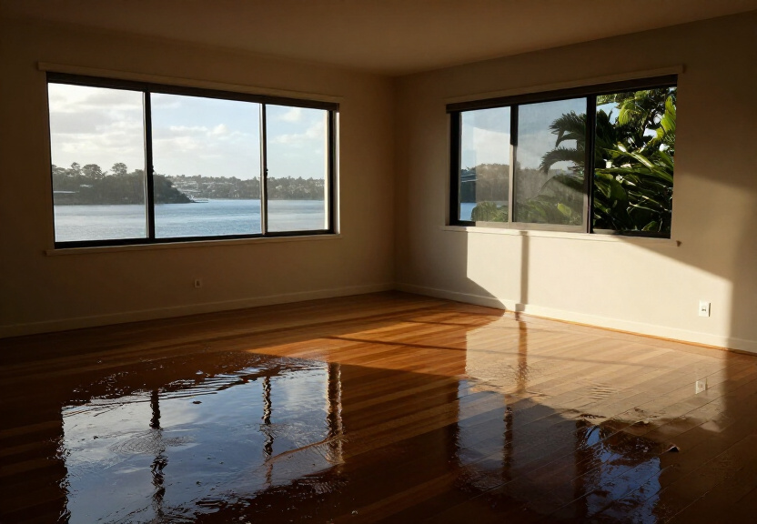 Flood-damaged living room in Heckenberg before restoration
